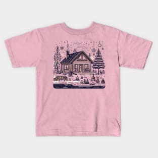 a warm and inviting cabin surrounded by a snowy landscape includes elements like a crackling fireplace, decorated Christmas tree, and perhaps a family or group of friends enjoying the holiday season inside. Kids T-Shirt